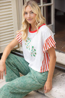 Floral Patch Stripe Detail Slub Knit Top