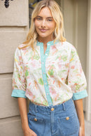 Stripe Contrast Button Down Floral Embroidered Top