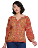 Woven Raglan 3/4 Sleeve Top With Metal Nailhead Trim