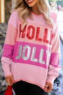 Sequin “HOLLY JOLLY” Striped Pink Sweater