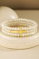 3-Layer Beaded Cross Stretch Bracelet - Natural