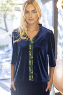 Contrast Print Placket Solid Velvet Top