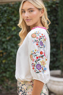 Wavy Trim and Floral Embroidered Raglan Top