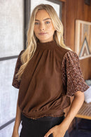 Smocked Neck Sequins Bubble Sleeve Top