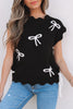Black Bow Print Side Ties Scalloped Hem Sweater