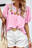 Pink Floral Embroidered Puff Blouse