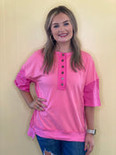 Contrast Pink Patchwork Half Button T Shirt