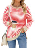 Contrast Round Neck Split Long Sleeved Striped Top
