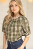 Suede Accent Banded Crinkled Plaid Top