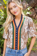 Multi Stripe Placket Floral Print Button Down Top