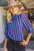 Side Cover Button Puff Sleeve Stripe Top