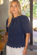 Scalloped Hemline Bubble Sleeve Solid Corduroy Top