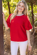 Pearl Round Neck Houndstooth Bubble Sleeve Top